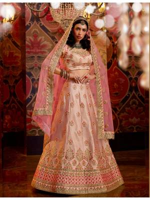 Peach embroidered silk semi stitched lehenga 1