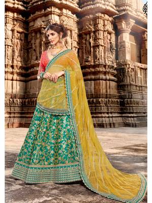 Green embroidered jacquard semi stitched lehenga 2