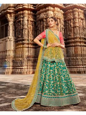 Green embroidered jacquard semi stitched lehenga 1