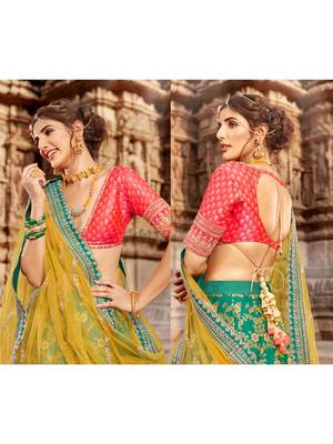 Green embroidered jacquard semi stitched lehenga 3