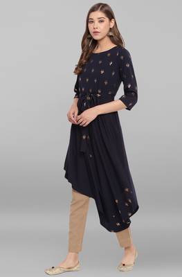 Janasya Navy blue printed crepe ethnic kurtis 2