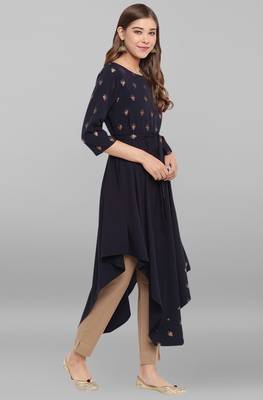 Janasya Navy blue printed crepe ethnic kurtis 3