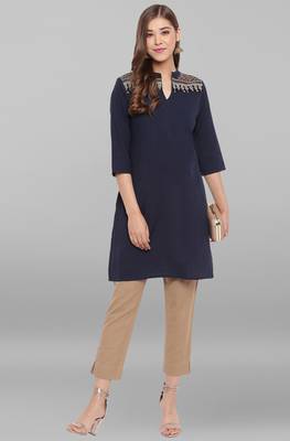 Janasya Navy blue embroidered cotton short kurtis 1