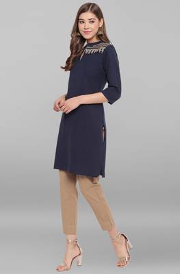 Janasya Navy blue embroidered cotton short kurtis 2