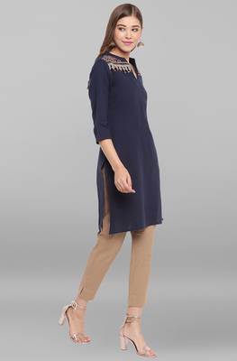 Janasya Navy blue embroidered cotton short kurtis 3