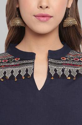 Janasya Navy blue embroidered cotton short kurtis 5