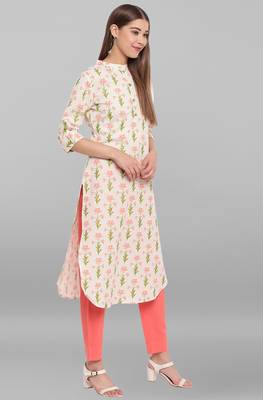Janasya Cream printed cotton cotton kurtis 3