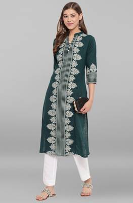 Janasya Green printed cotton cotton-kurtis 1