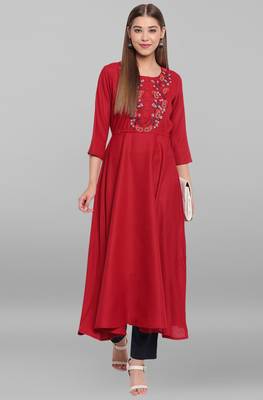 Janasya Maroon embroidered rayon ethnic kurtis 1