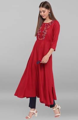 Janasya Maroon embroidered rayon ethnic kurtis 2