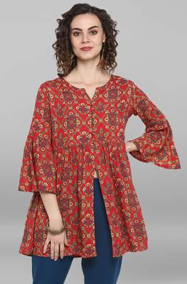 Janasya Red woven viscose rayon tunics 1