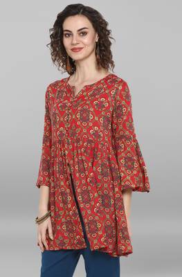 Janasya Red woven viscose rayon tunics 2