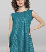 Janasya Turquoise printed cotton sleeveless tops