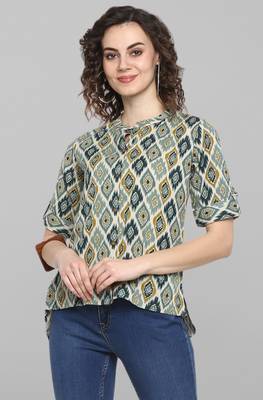 Janasya Green printed cotton cotton-tops 1