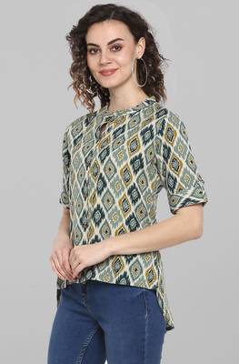 Janasya Green printed cotton cotton-tops 2