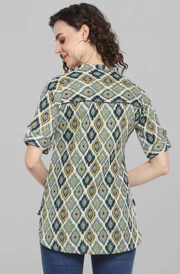 Janasya Green printed cotton cotton-tops 3