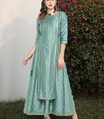 Light green printed polyester long dresses