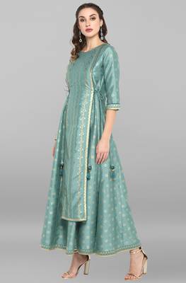 Light green printed polyester long dresses 3