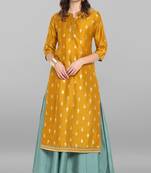 Mustard printed silk long dresses
