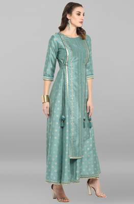 Light green printed polyester long dresses 4