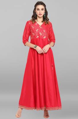 Pink printed silk long dresses 1