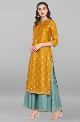Mustard printed silk long dresses 2