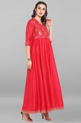 Pink printed silk long dresses 3