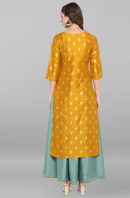 Mustard printed silk long dresses 3