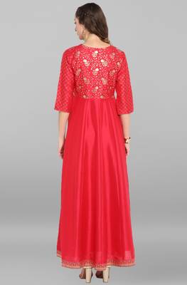 Pink printed silk long dresses 4