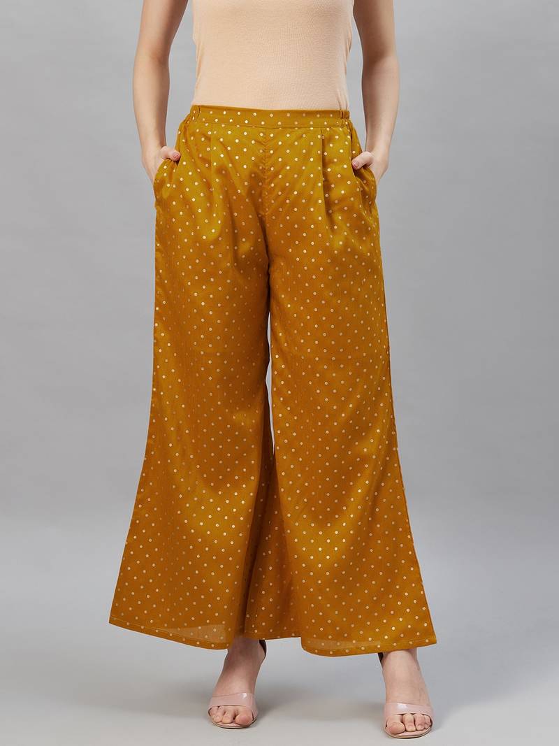 Mustard printed polyester palazzo-pants 