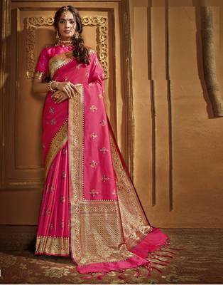 Pink woven banarasi silk saree with blouse 1