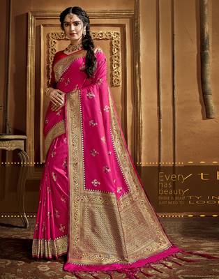 Pink woven banarasi silk saree with blouse 1