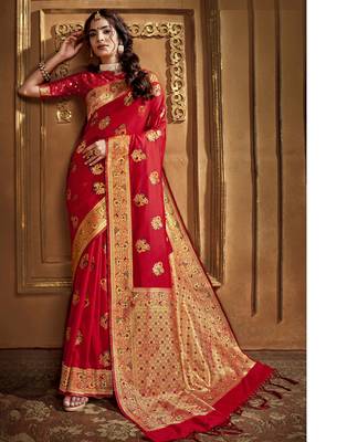 Red woven banarasi silk saree with blouse 1