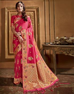 Pink woven banarasi silk saree with blouse 1