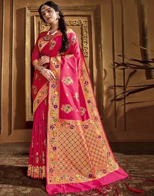 Pink woven banarasi silk saree with blouse 1