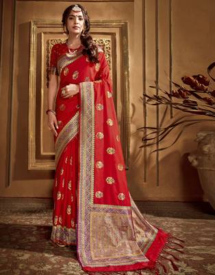 Red woven banarasi silk saree with blouse 1