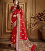 Red woven banarasi silk saree with blouse