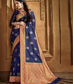 Navy blue woven banarasi silk saree with blouse