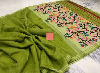 Lime Gree Colored Khadi Silk Saree With Blouse 1