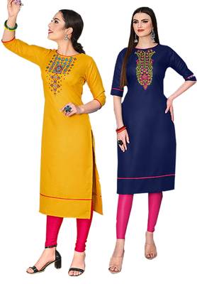 Mirraw Classiques Embroidered Yellow And Blue Cotton Stitched Kurti ( Pack of 2 ) 1