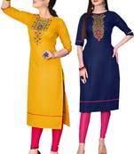 Mirraw Classiques Embroidered Yellow And Blue Cotton Stitched Kurti ( Pack of 2 )