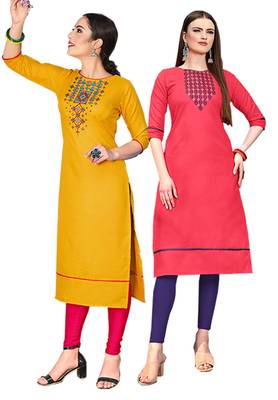 Mirraw Classiques Embroidered Yellow And Pink Cotton Stitched Kurti ( Pack of 2 ) 1