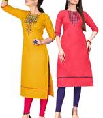 Mirraw Classiques Embroidered Yellow And Pink Cotton Stitched Kurti ( Pack of 2 )
