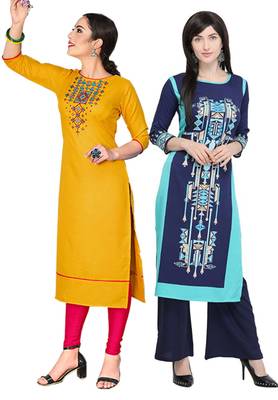 Mirraw Classiques Embroidered Yellow And Blue Printed Crepe Cotton Stitched Kurti ( Pack of 2 ) 1