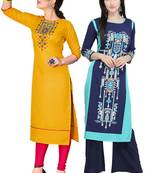 Mirraw Classiques Embroidered Yellow And Blue Printed Crepe Cotton Stitched Kurti ( Pack of 2 )