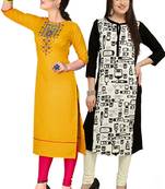 Mirraw Classiques Embroidered Yellow And Black-White Printed Crepe Cotton Stitched Kurti ( Pack of 2 )