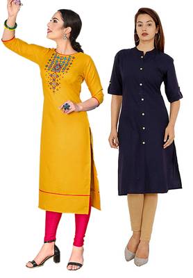 Mirraw Classiques Embroidered Yellow And Navy Blue Plain Cotton Stitched Kurti ( Pack of 2 ) 1