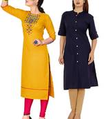 Mirraw Classiques Embroidered Yellow And Navy Blue Plain Cotton Stitched Kurti ( Pack of 2 )