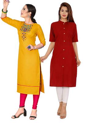 Mirraw Classiques Embroidered Yellow And Red Plain Cotton Stitched Kurti ( Pack of 2 ) 1