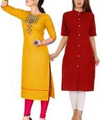 Mirraw Classiques Embroidered Yellow And Red Plain Cotton Stitched Kurti ( Pack of 2 )